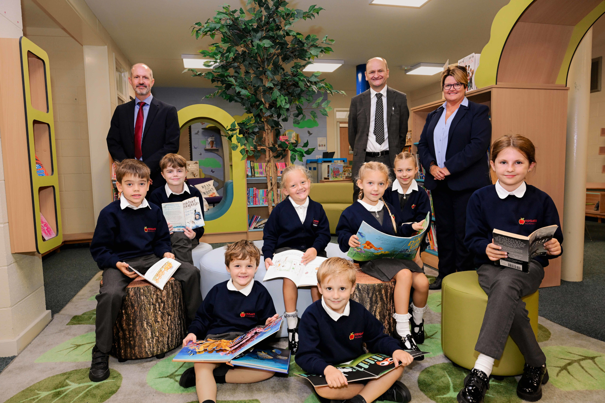 Staff and students in the new library.